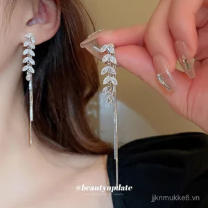 Bông Tai Bạc Kim Zircon Thiết Kế Lúa Mì, Phong Cách Thoáng Mát Với Tua Dài -RAWO