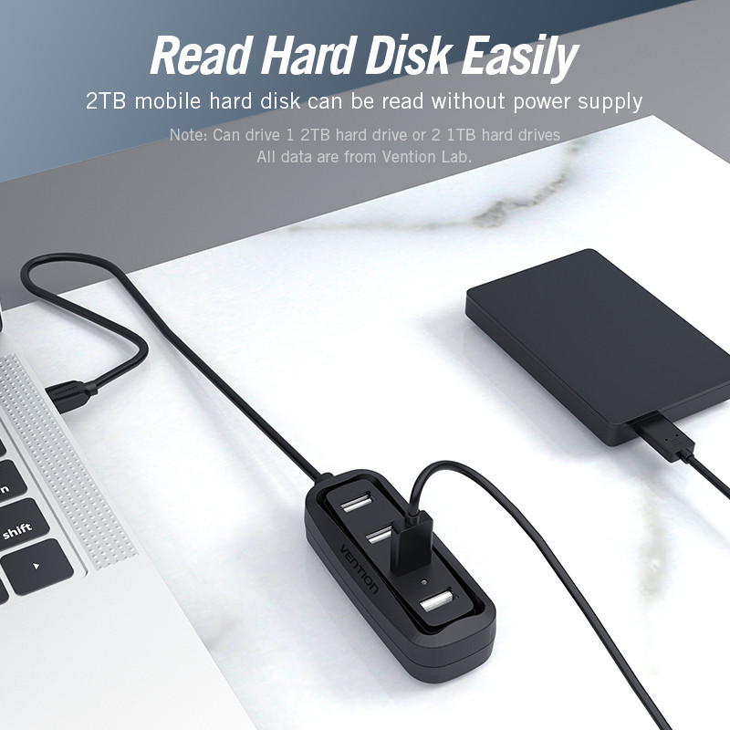 Hub Chia USB 4 Cổng Vention USB2.0 Có LED - Bộ Chia USB Adapter Cho Laptop PC MatBook Tốc Độ 480Mbps