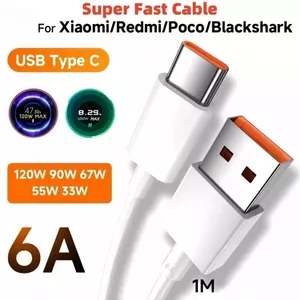 Cáp sạc nhanh Type-C 6A cho điện thoại Redmi và Android, đầu nối mạ vàng với hiển thị trên cáp.