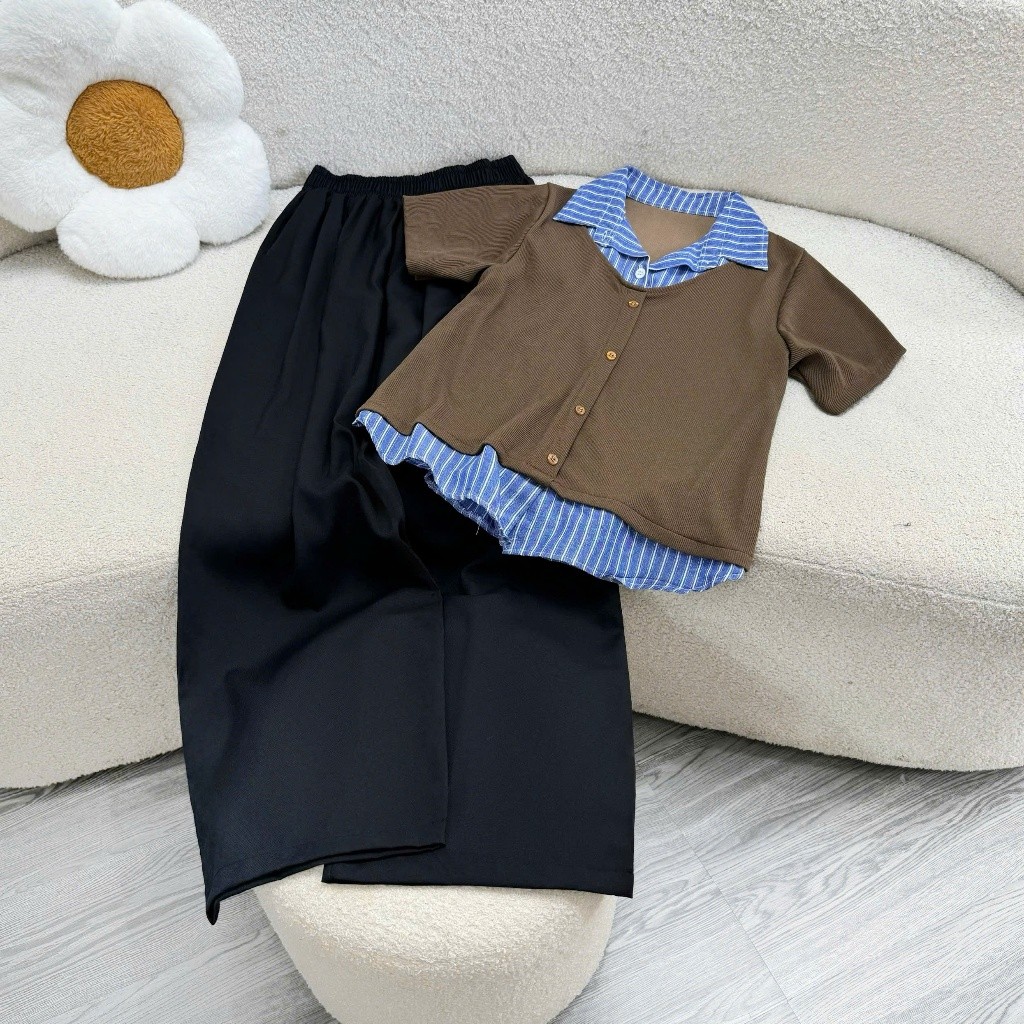 Set Đồ Bigsize Nữ  Áo Nút Trước Phối Cổ Sơ Mi + Quần Suông Che Bụng A338+Q558