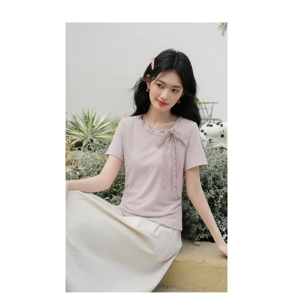 Mutu Áo Thun Nữ Ren Nơ Cổ, Màu Tím, Phong Cách Mới Nhẹ Nhàng