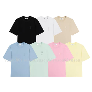 Áo thun cổ điển nam nữ bằng cotton nguyên chất, thiết kế cùng màu với đường thêu tay ngắn, phù hợp mặc hàng ngày.