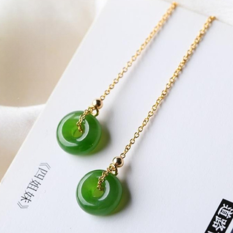 Cổ điển phong cách dân tộc - Bông tai dài màu xanh lá cây có khóa an toàn