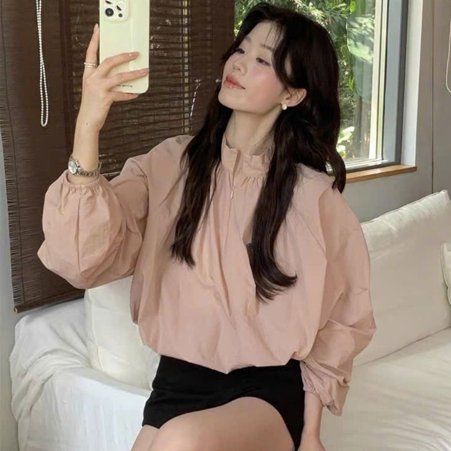 Áo Sơ Mi Cổ Đứng Dài Tay Chất Liệu Gió Nhăn Linh Tây Clothing  Áo Dài Tay Kiểu Dáng Bồng Kéo Khoá Mềm Mịn