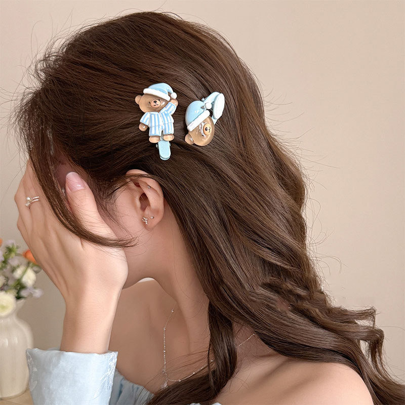 Bộ Đồ Ngủ Gấu Hoạt Hình Màu Nâu Sóng Tóc Ngọt Ngào kèm Kẹp Tóc Trang Sức Đa Năng