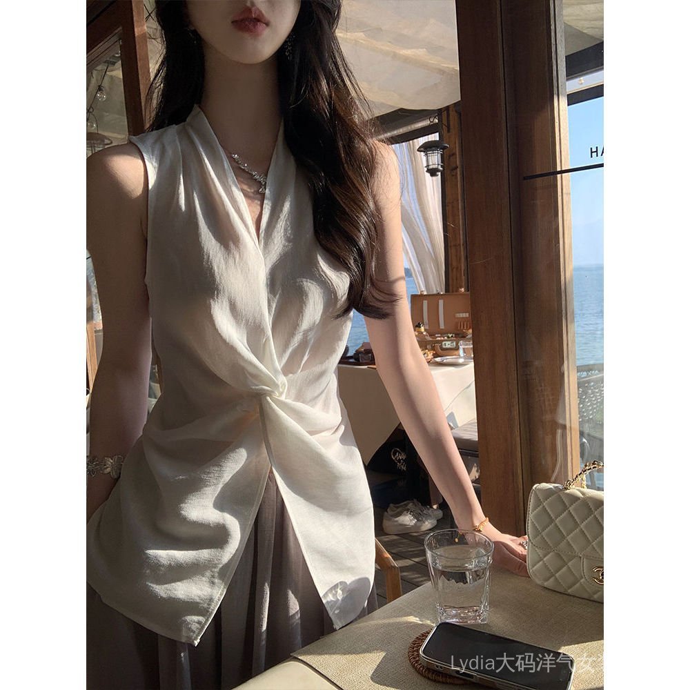 [Giảm giá 10% trong thời gian có hạn] Seckill Size lớn Thời trang chất lượng cao dành cho nữ Áo Vest không tay thắt nút cổ chữ v dành cho nữ 26 Áo khoác ngoài thời trang mùa hè Áo khoác ngoài mỏng vừa vặn