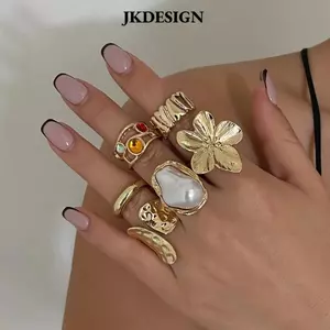 JKDESIGN - Bộ 6 Nhẫn Mở Hoa Kim Loại Mạ Điện, Pha Lê Trang Trí, Phong Cách Punk