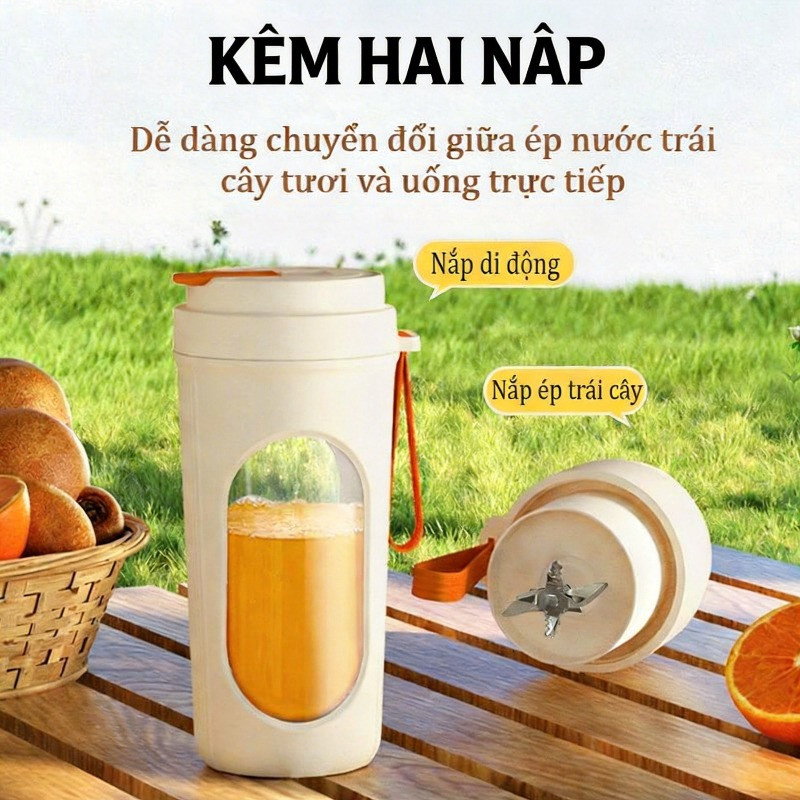 Máy Xay Di Động 450ml, Máy Ép Trái Cây Cầm Tay, Có Thể Sạc USB, Nắp Đôi Kèm Ống Hút, Dây Đeo Tiện Lợi, Xay Đá