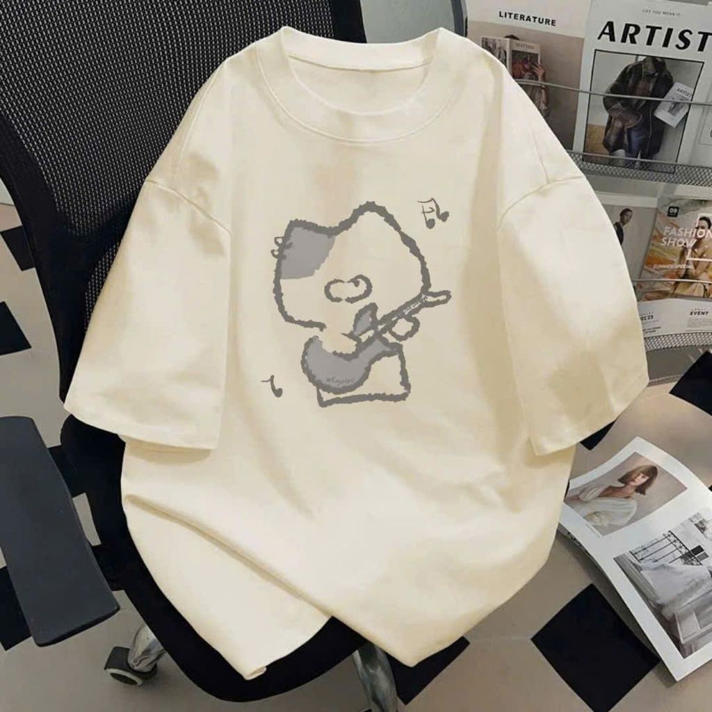 Áo phông basic tay lỡ thời trang, unisex họa tiết mèo đánh đàn