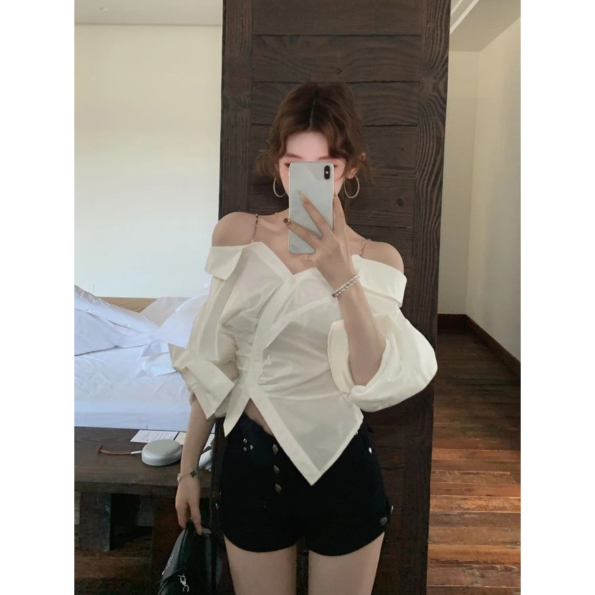 SUXI Áo sơ mi nữ buộc dây xù nhẹ nhàng, màu trơn phù hợp mùa hè 260415