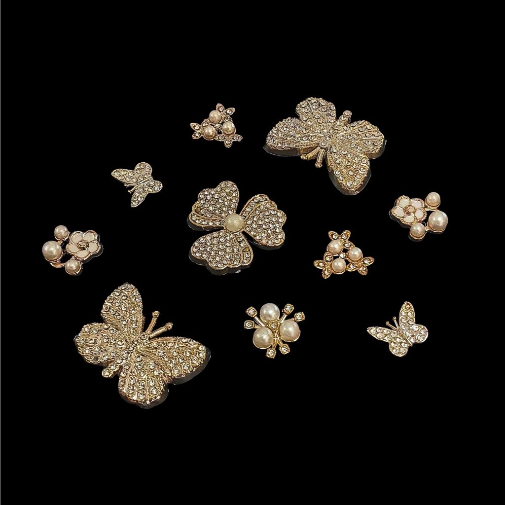 Set Charm Hoa Bướm Kim Sa Phong Cách Tiểu Thư Vintage Đính Đá Lấp Lánh Trang Trí Dép Túi Phụ Kiện Xinh Xắn Cao Cấp