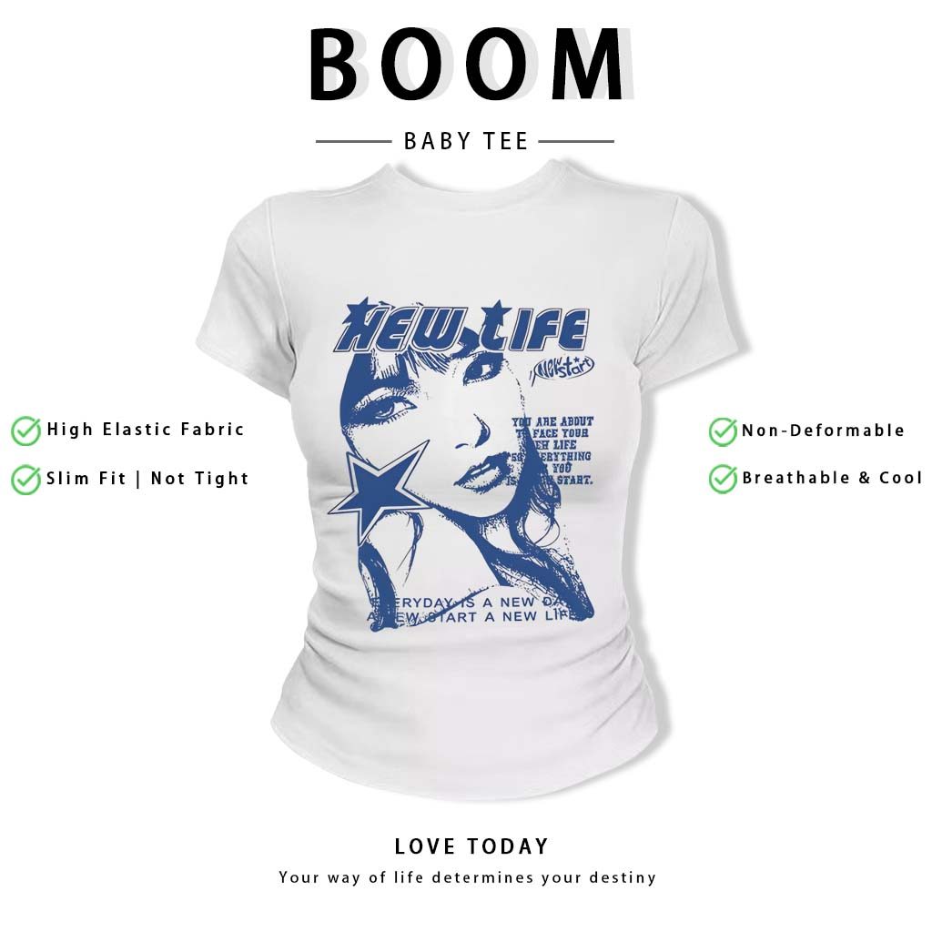 BOOM Áo Baby Tee Nữ Cotton Ôm Body-Áo Thun Ngắn Tay Y2K In Hình PhongCách Mùa Hè, Cổ Tròn Hàng Đầucách hàn quốc phongQ47