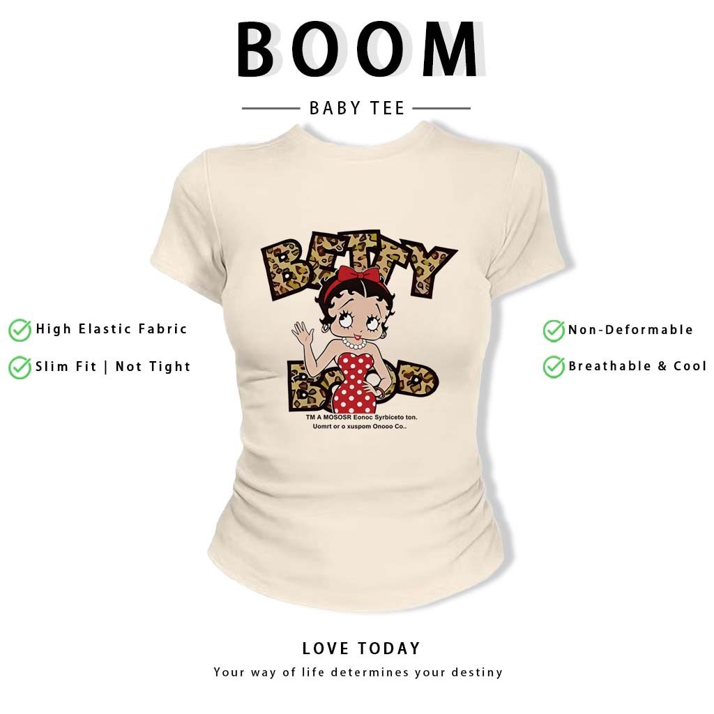 BOOM Áo Baby Tee Nữ Cotton Ôm Body-Áo Thun Ngắn Tay Y2K In Hình PhongCách Mùa Hè, Cổ Tròn Hàng Đầucách hàn quốc phongW31