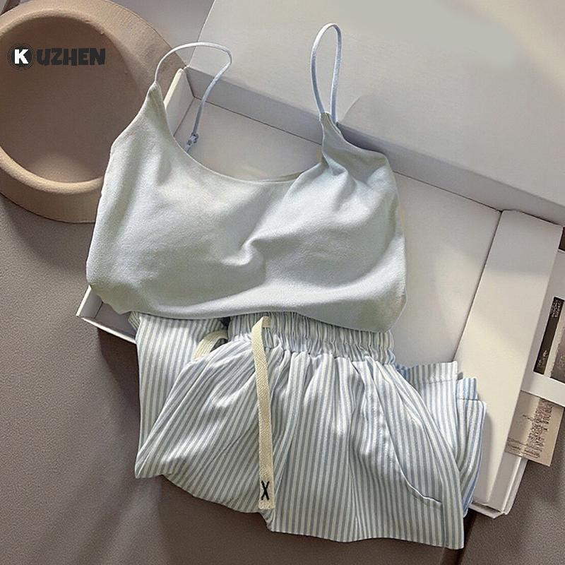 KUZHEN Bộ Đồ Ngủ Sweet Stripe, Có Miếng Lót Ngực, Phù Hợp Mặc Hàng Ngày và Thời Trang