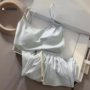 KUZHEN Bộ Đồ Ngủ Sweet Stripe, Có Miếng Lót Ngực, Phù Hợp Mặc Hàng Ngày và Thời Trang