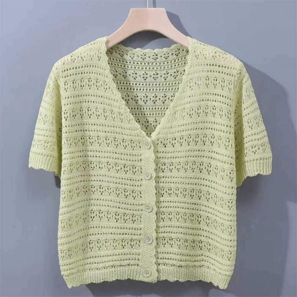Áo len dệt kim HOBBYIN cổ chữ V, ngắn tay, chống nắng - Áo khoác ngoài dành cho nữ