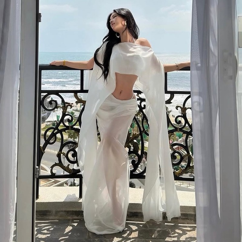 CuteNew Bộ Bikini Lưới Thanh Lịch 3 Mảnh Cho Nữ: Áo Kéo Dài Quai + Váy Du Lịch