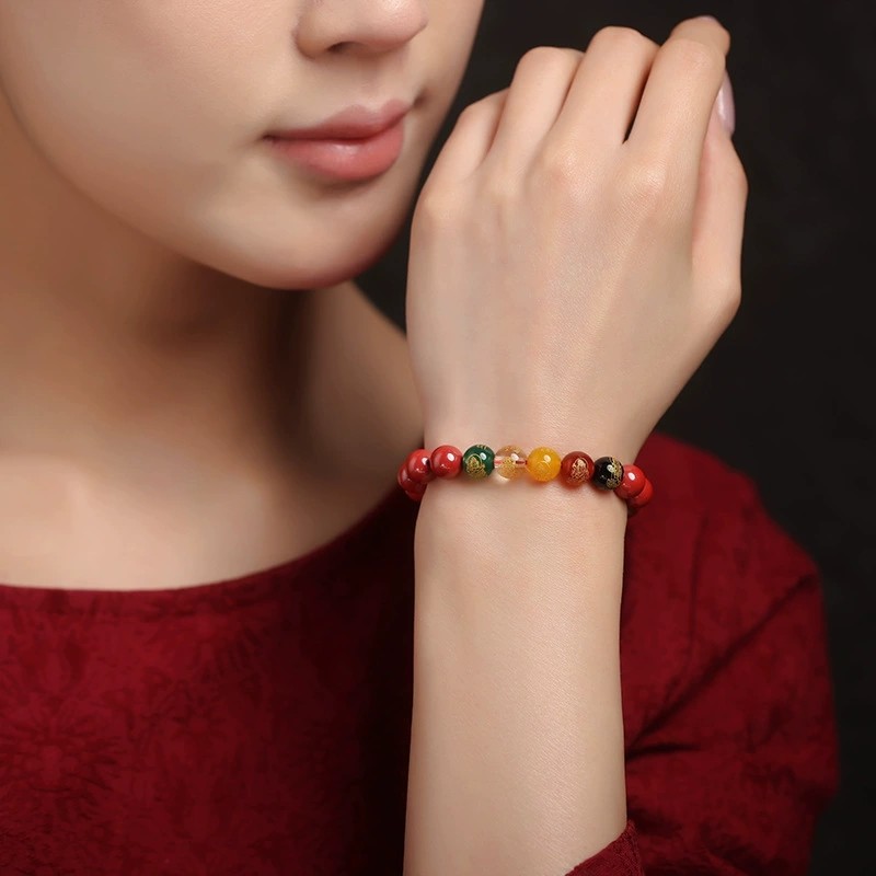 Vòng tay cinnabar màu vàng tím với dây đỏ - Quà tặng mang lại may mắn cho bạn bè