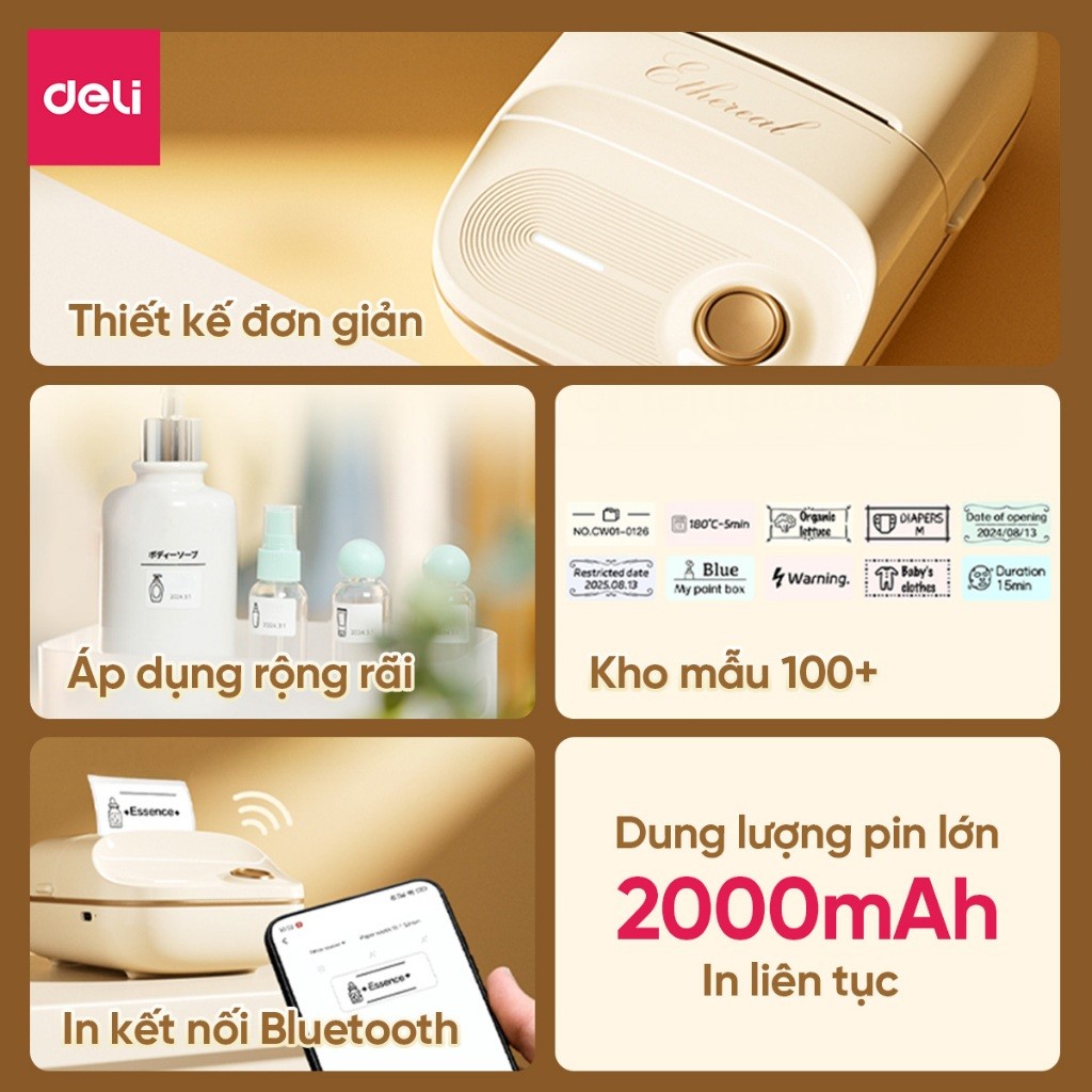 Máy In Nhãn Mini DELI ES441 Máy In Nhiệt Cầm Tay, Kết Nối Bluetooth, Tem Nhãn QRCode, Mã Vạch, Sticker