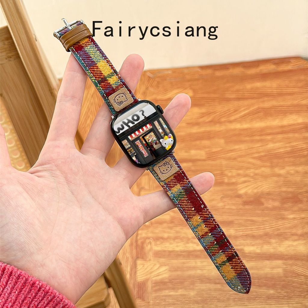 Dây đeo đồng hồ bằng da kẻ sọc KT cho Apple Watch 38mm 40mm 41mm 42mm 44 45 49mm cho iwatch Series 8 7 SE 6 5 4 3 Dây đeo đồng hồ