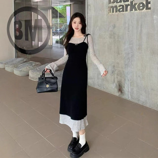 Đầm Dài Tay Dệt Kim Giả Hai Mảnh Kích Cỡ Lớn Đầm Màu Sắc Khối Cho Phụ Nữ Đầm Giảm Cân Mùa Thu