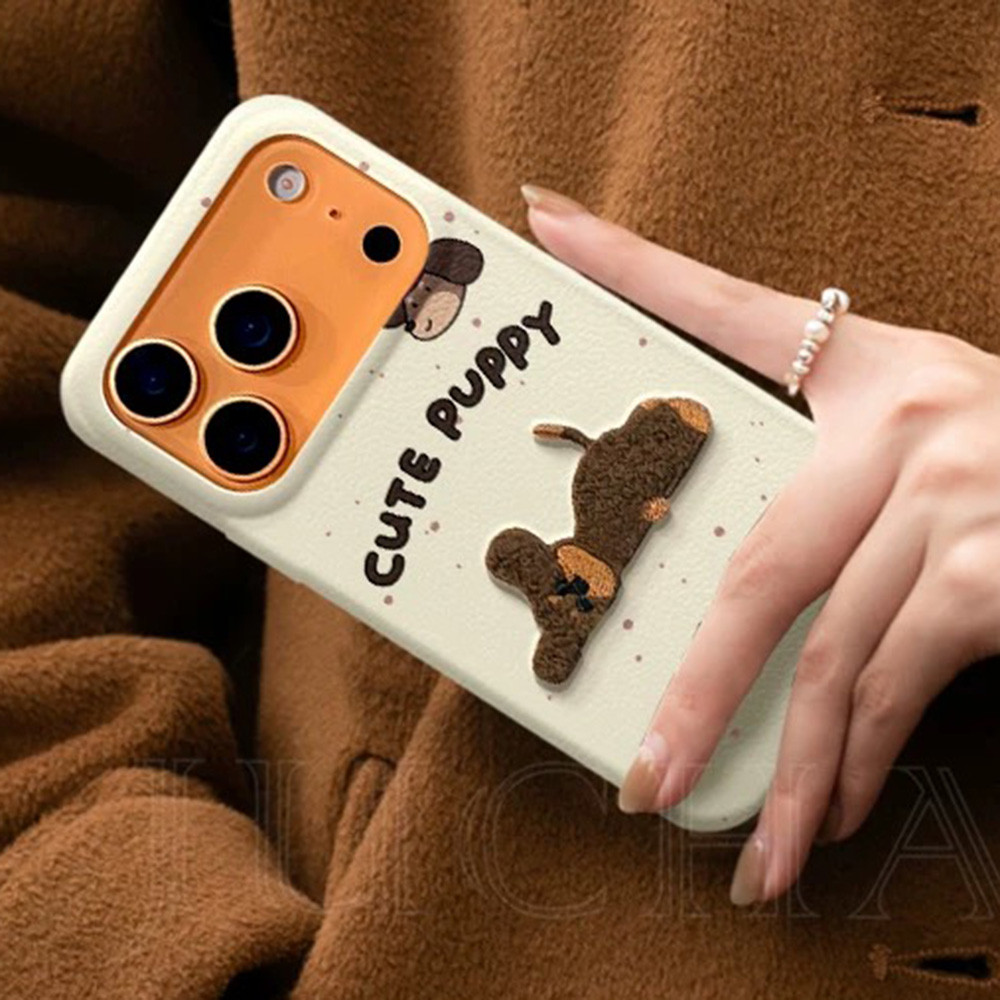 Ốp Điện Thoại Da Chó Thêu 3D Cho iPhone 17 Pro Max 17 Air 16 Plus 15 14 13 12 11 Vỏ Bảo Vệ Chống Sốc