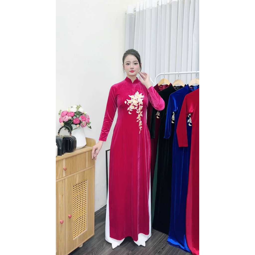 Áo dài truyền thống, Áo dài nhung thêu cho mẹ, Áo dài cổ trụ, Áo dài chất liệu nhung tuyết mềm mịn, Áo dài Thăng Long
