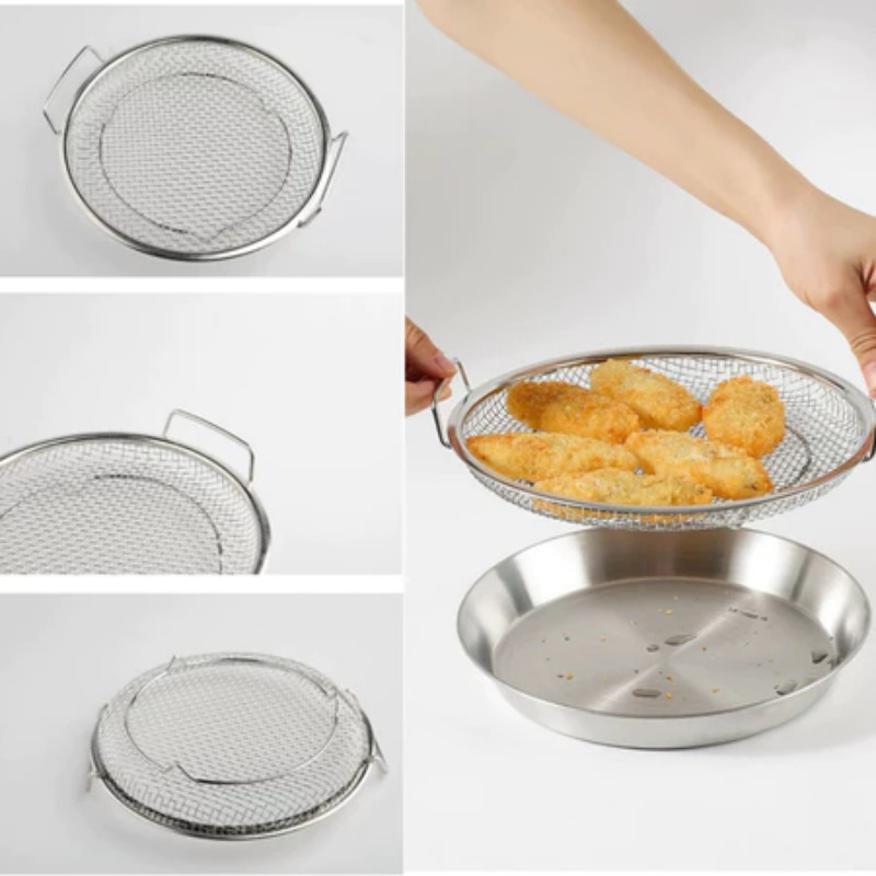 Combo Khay + Vỉ Lưới Inox 201 Cao Cấp - Đa Năng Lọc Dầu/Ráo Dầu Nhanh, Chịu Nhiệt Tốt, Bền Bỉ, 22/24/26cm