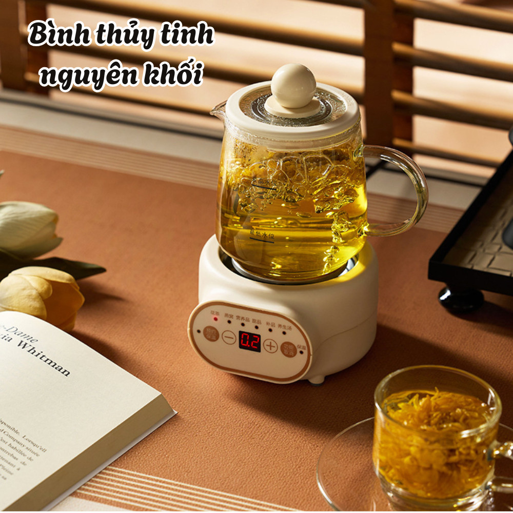 Ấm Đun Nước Pha Trà Điện 400W Đa Năng 6 Chức Năng, Đặt Giờ Thông Minh, Bình Thủy Tinh Chịu Nhiệt