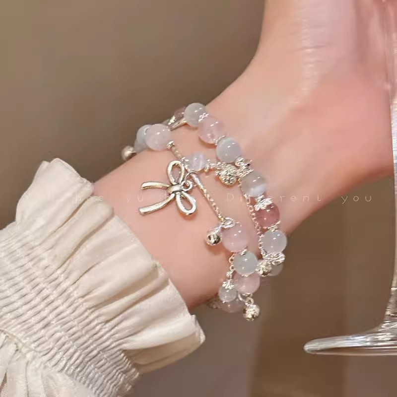 Vòng tay nữ thủy tinh nơ nút thắt tình yêu pha lê, tinh tế phù hợp đeo hàng ngày