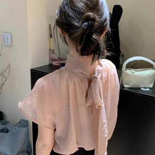 Áo sơ mi tay ngắn kaki voan phong cách Hàn Quốc, thiết kế nơ ruy băng, phù hợp mùa hè