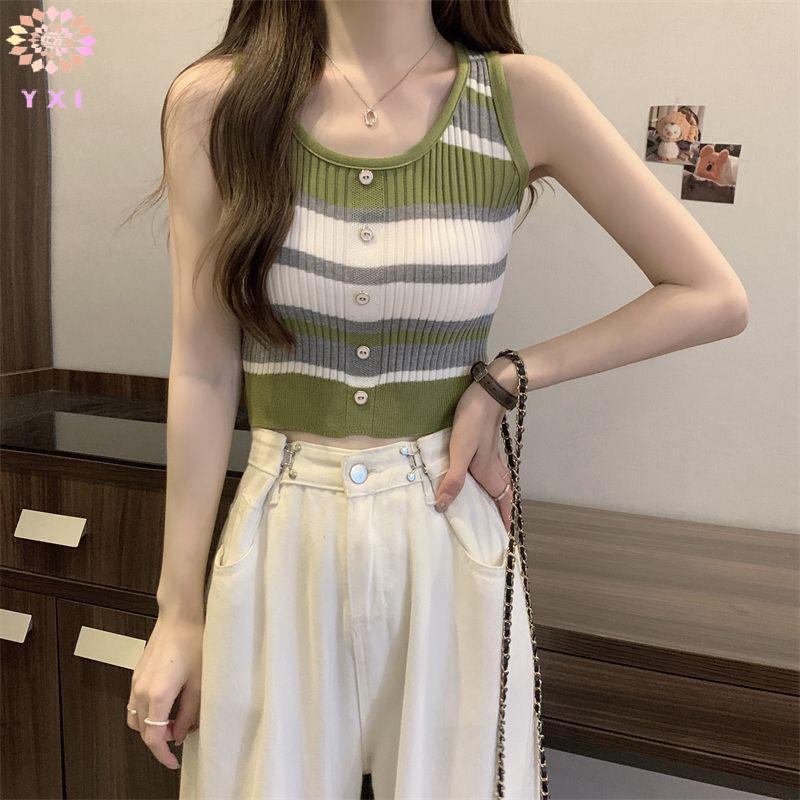 Áo Dệt Kim Mỏng Mùa Hè Phong Cách Hàn Quốc Với Sọc Tròn Và Nút