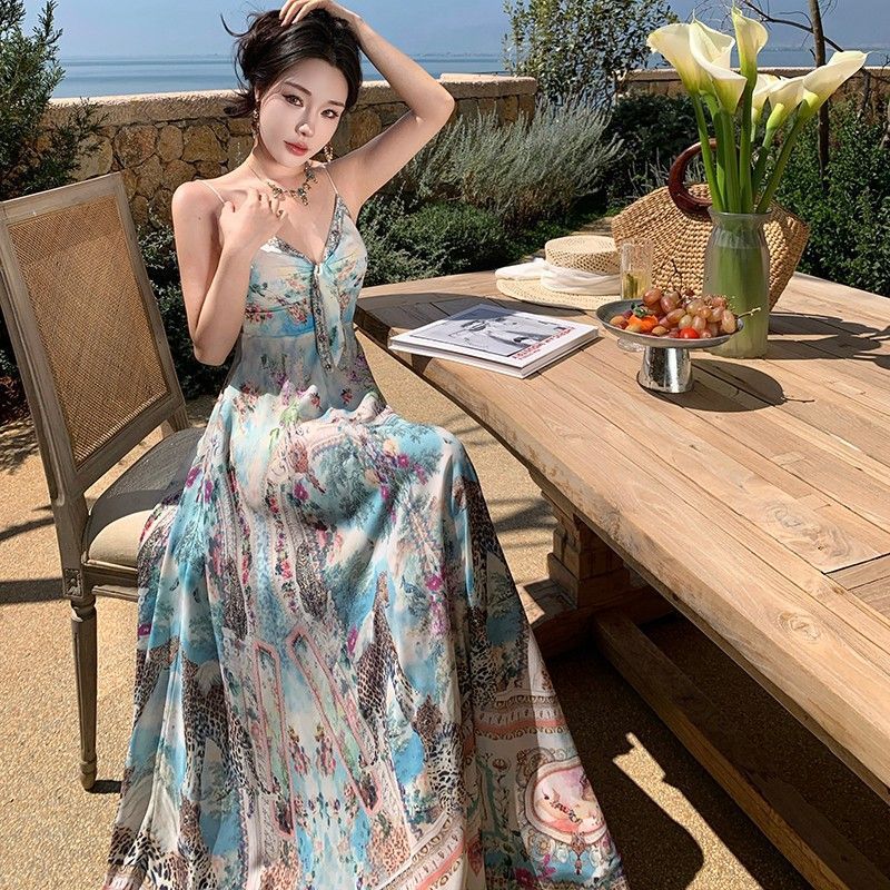 Đầm boho cổ chữ V sling, váy dài sang trọng cho ngày lễ mùa hè