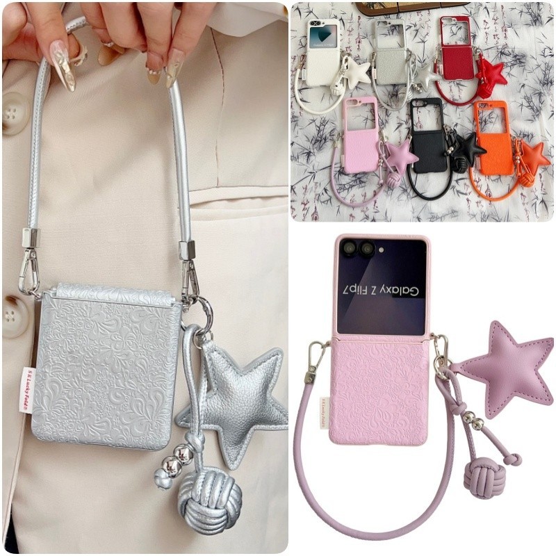 Mimi Emboss Hoa Da Ốp Lưng Điện Thoại Samsung Galaxy Z Flip 7 7FE Z Flip 6 Z Flip 5 Bìa Cứng Có Dây Pentagram