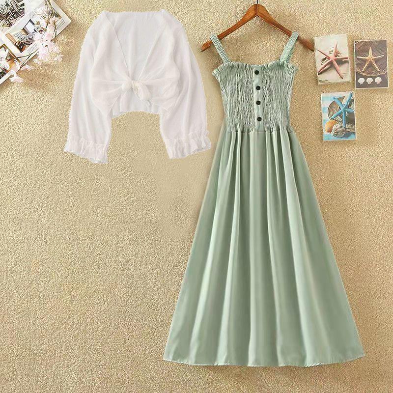 Thời Trang Mùa Hè 2026 Mỡ mm Pháp Niche Retro Cao Cấp Ôm Hơn Nhìn Sling Váy Dài + Khăn choàng voan Chống Nắng Quần Áo Bộ Hai Mảnh