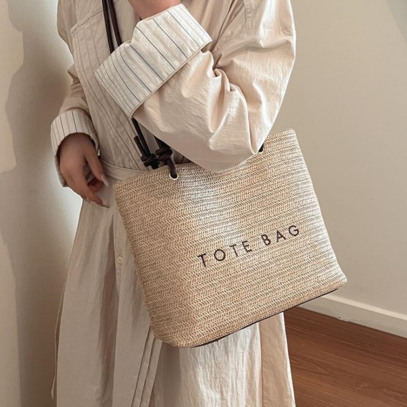 GC2 Túi tote dung tích lớn dành cho nữ phong cách lười biếng cỏ dệt túi đeo vai thông thường thời trang túi đa năng CG2