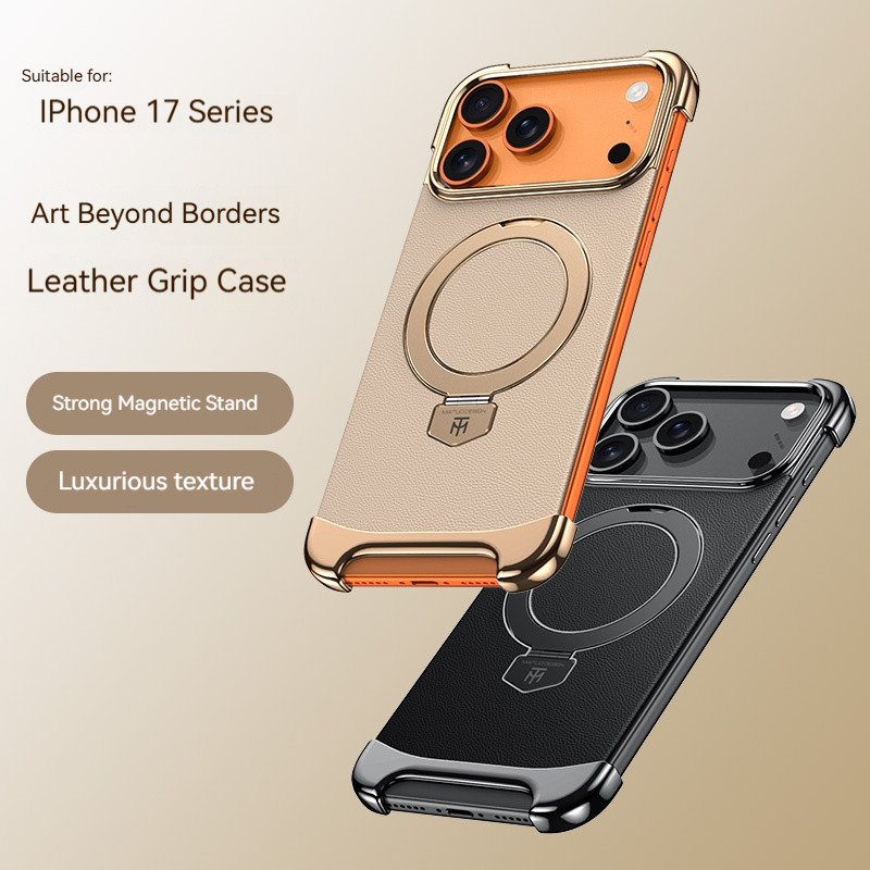 Ốp điện thoại giá đỡ từ tính không khung bằng da cao cấp, cho IPhone 17 16 15 Pro Max 17 Vỏ bảo vệ sạc không dây không khí