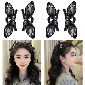 Kẹp tóc thỏ tai ren có nơ nhỏ, phù hợp hàng ngày