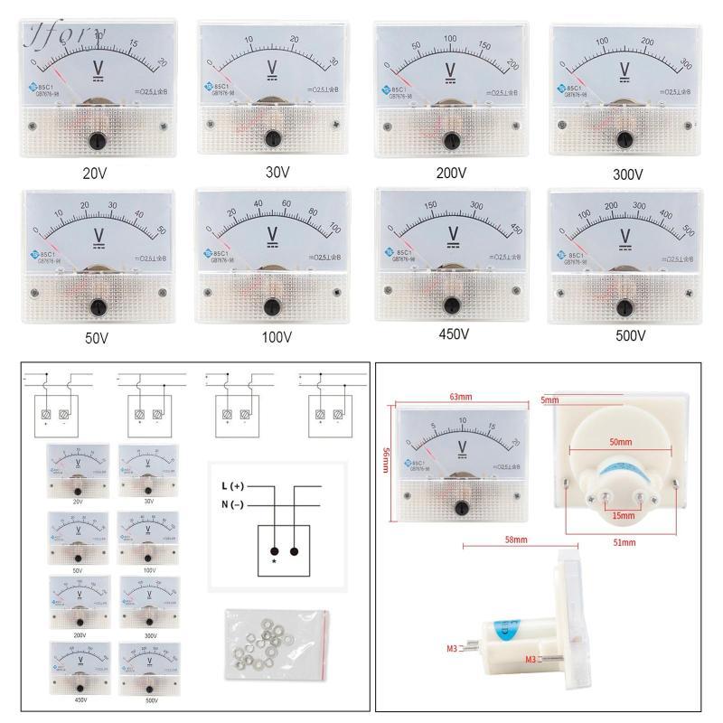 Jfory Vôn kế 85V 0-100V 0- 0-500V Hình chữ nhật Loại 2.5 Bảng điều khiển tương tự Vôn Đồng hồ đo điện áp