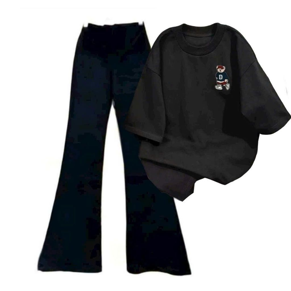 Sét bộ nữ quần ống loe + và áo phông GẤU CHỮ B form rộng unisex