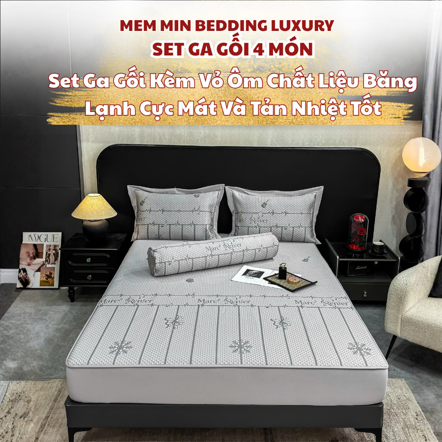 (CDH2634) Bộ ga gối 4 món kèm vỏ ôm mang tông màu sang trọng, tinh tế Memminbedding chất liệu băng lạnh hợp dùng mùa hè