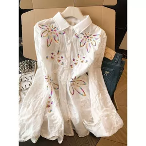 Áo sơ mi dài tay sequin thêu, thiết kế dáng rộng sang trọng cho nữ