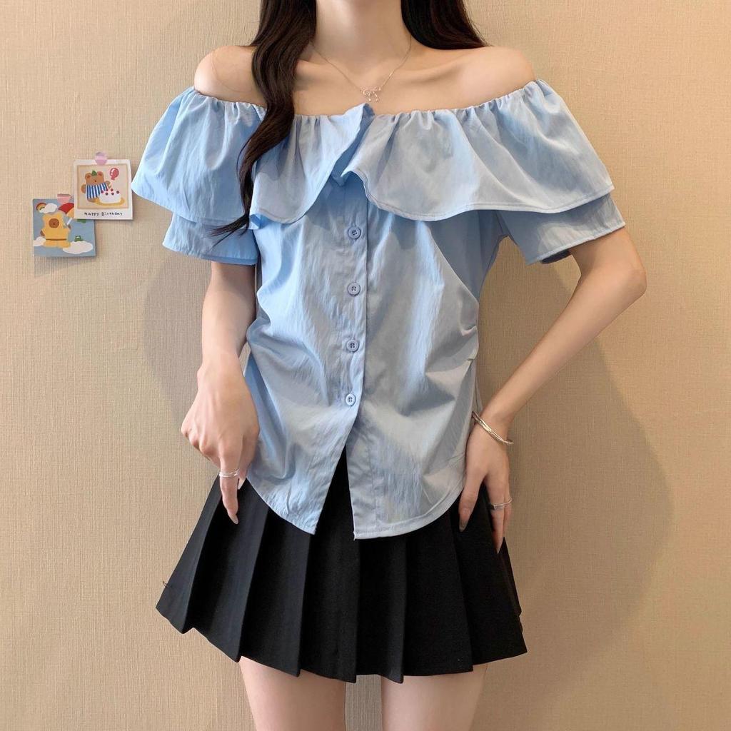Áo sơ mi ngắn tay cổ chữ V kiểu Pháp, thiết kế nữ tính, phù hợp mùa hè