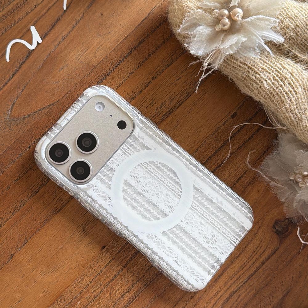 Vỏ cứng Tương thích với iPhone 13 14 14Pro 14ProMax 15 15Pro 15ProMax 16 16Pro 16ProMax 17 17Pro 17ProMax Vỏ nam châm họa tiết ren trắng