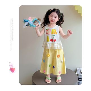 Bộ đồ cho bé gái – Áo sát nách phối quần ống rộng hoa nổi dễ thương, thoáng khí, phong cách Hàn hè