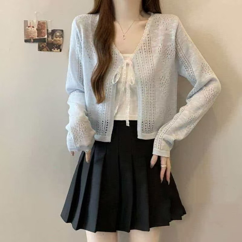 SUXI Mùa hè mới dành cho nữ màu trơn nhẹ nhàng đơn giản Áo dệt kim buộc dây đơn giản 260415
