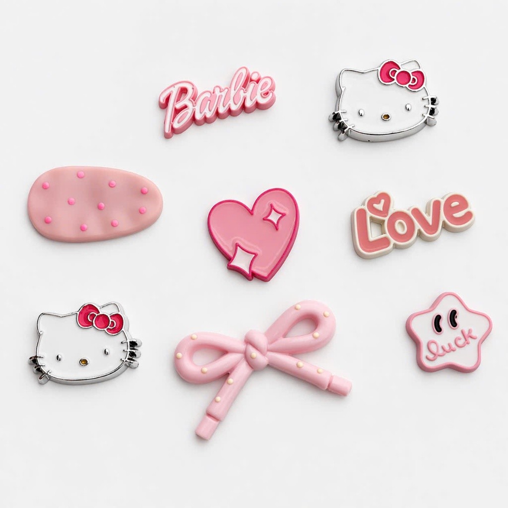 Set Charm Kitty Đầu Mèo Bạc To Barbie Love Hồng Pastel Dễ Thương Trang Trí Dép Xinh