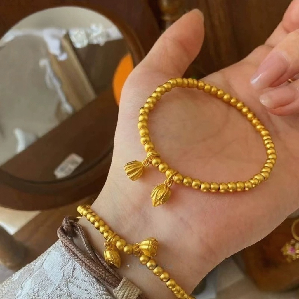 Vòng tay hạt sen và trái tim cổ xưa, dây xích co giãn, phụ kiện thời trang mỗi ngày