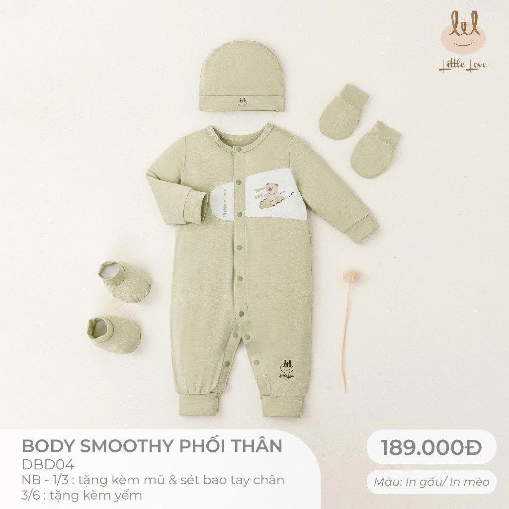 Bộ body sơ sinh [ Vải mềm, mát, co dãn thấm hút tốt] Lil Little Love (DBD04) tặng kèm mũ, bao tay chân Hoặc yếm sơ sinh