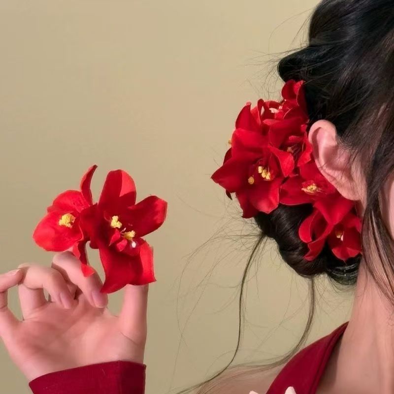 Kẹp Tóc Hoa Đỏ Không Khí Ngọt Ngào Phụ Kiện Tóc Cho Nữ